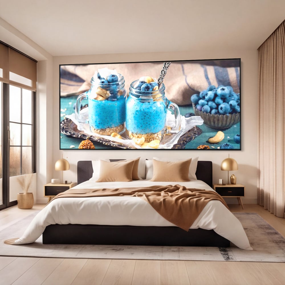 Leinwand Premium Canvas Wall Art, LuxCanva® N1089, Blue Harmony, Dessert, Heidelbeere, Blaubeere, Haselnuss, Erdnuss, Chia, süß, frisch, frisch, Genuss, gesund, Frühstück, Restaurant, Küche