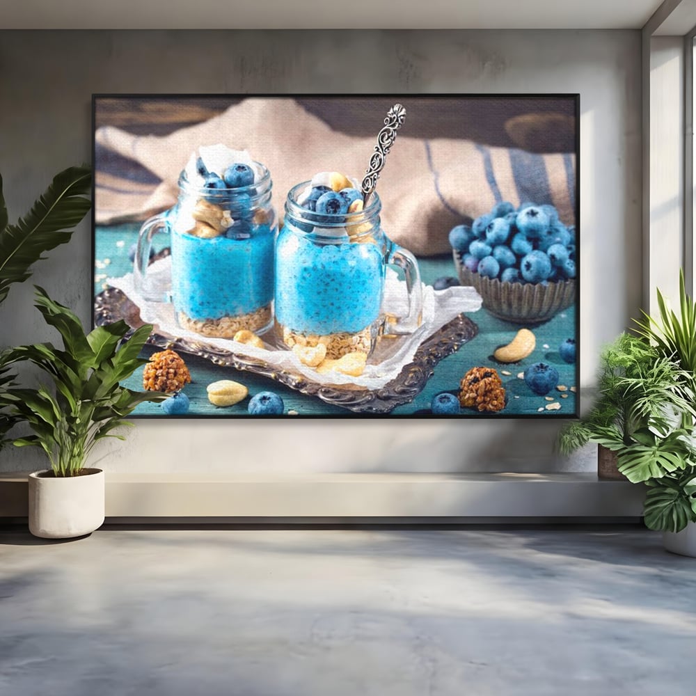 Leinwand Premium Canvas Wall Art, LuxCanva® N1089, Blue Harmony, Dessert, Heidelbeere, Blaubeere, Haselnuss, Erdnuss, Chia, süß, frisch, frisch, Genuss, gesund, Frühstück, Restaurant, Küche