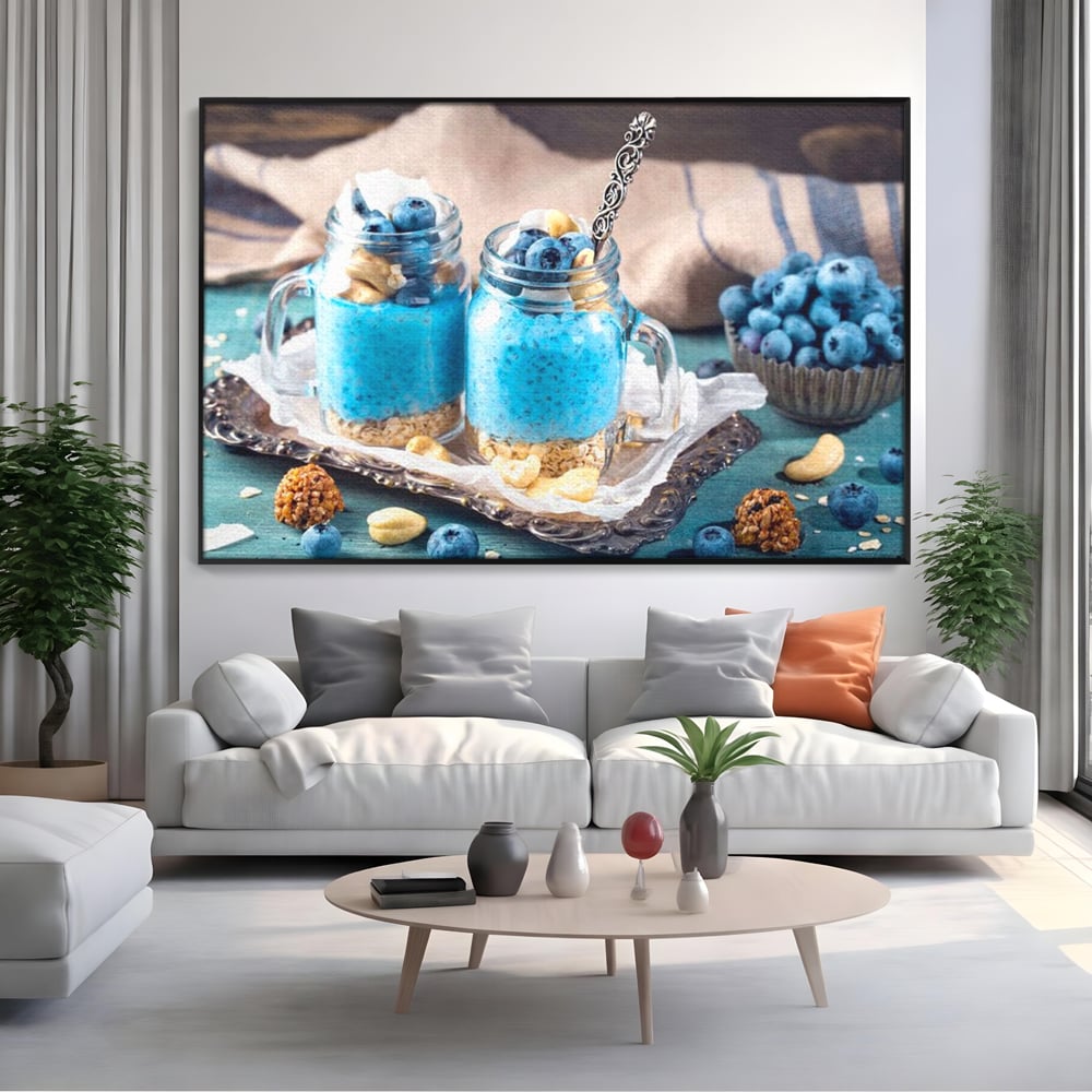 Leinwand Premium Canvas Wall Art, LuxCanva® N1089, Blue Harmony, Dessert, Heidelbeere, Blaubeere, Haselnuss, Erdnuss, Chia, süß, frisch, frisch, Genuss, gesund, Frühstück, Restaurant, Küche