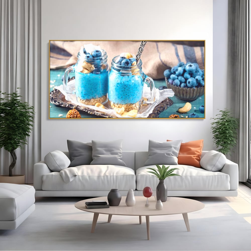 Leinwand Premium Canvas Wall Art, LuxCanva® N1089, Blue Harmony, Dessert, Heidelbeere, Blaubeere, Haselnuss, Erdnuss, Chia, süß, frisch, frisch, Genuss, gesund, Frühstück, Restaurant, Küche