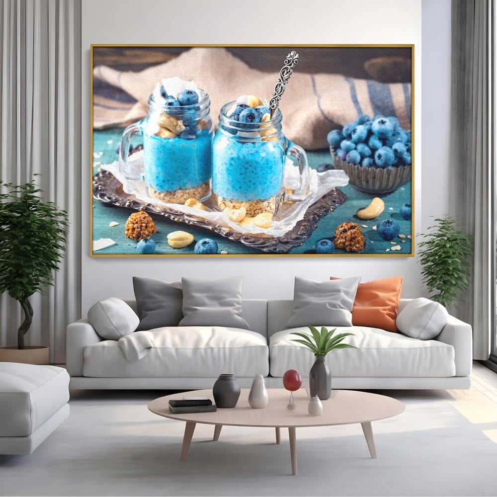 Leinwand Premium Canvas Wall Art, LuxCanva® N1089, Blue Harmony, Dessert, Heidelbeere, Blaubeere, Haselnuss, Erdnuss, Chia, süß, frisch, frisch, Genuss, gesund, Frühstück, Restaurant, Küche