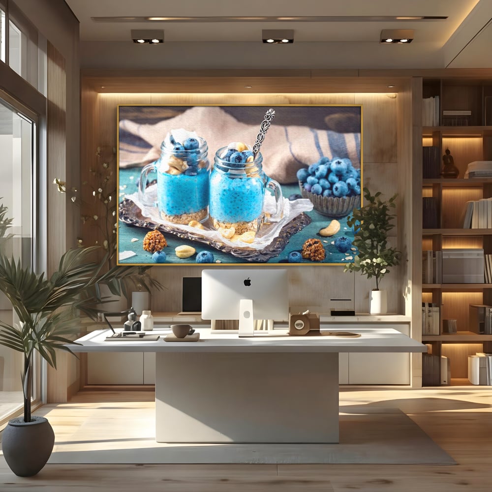 Leinwand Premium Canvas Wall Art, LuxCanva® N1089, Blue Harmony, Dessert, Heidelbeere, Blaubeere, Haselnuss, Erdnuss, Chia, süß, frisch, frisch, Genuss, gesund, Frühstück, Restaurant, Küche