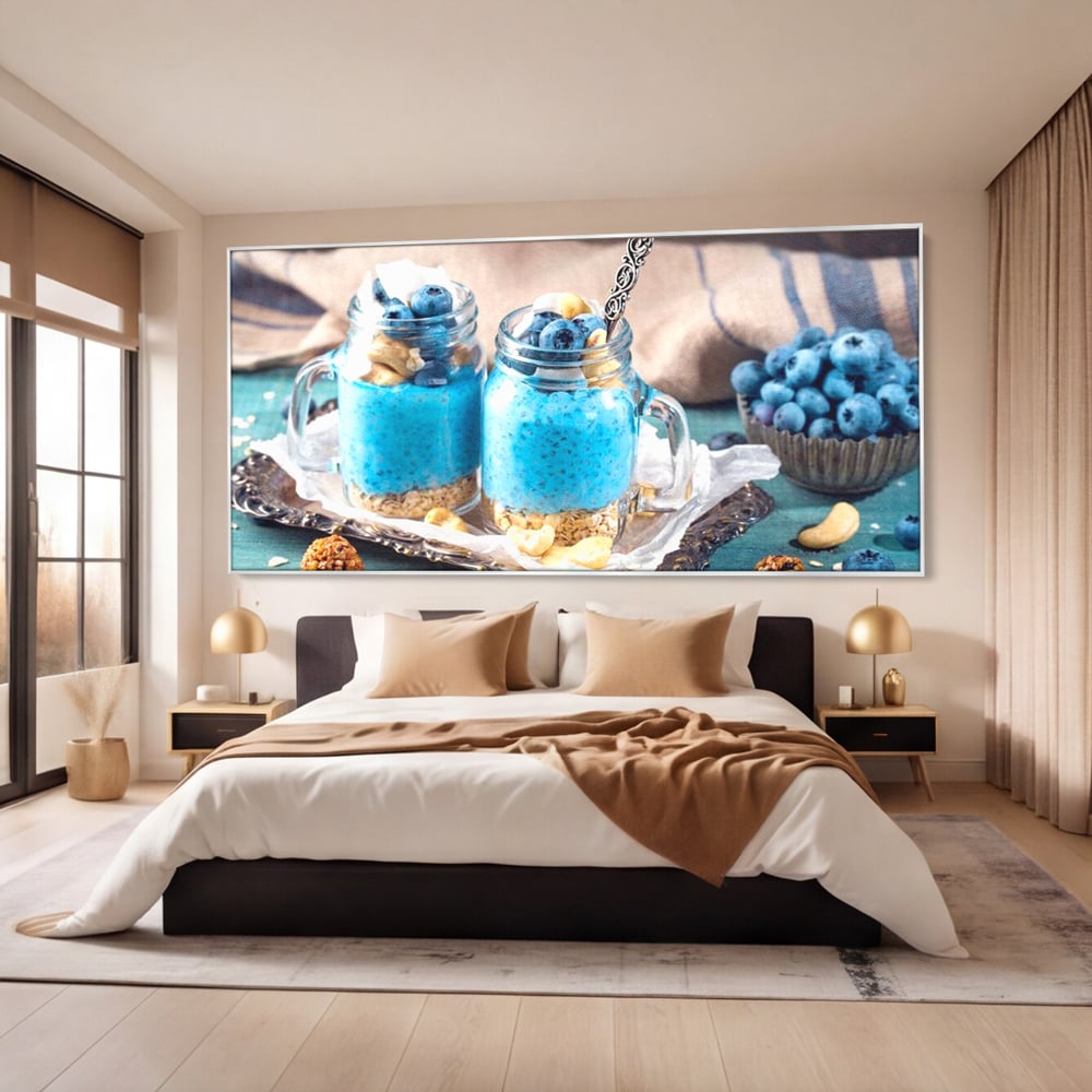 Leinwand Premium Canvas Wall Art, LuxCanva® N1089, Blue Harmony, Dessert, Heidelbeere, Blaubeere, Haselnuss, Erdnuss, Chia, süß, frisch, frisch, Genuss, gesund, Frühstück, Restaurant, Küche