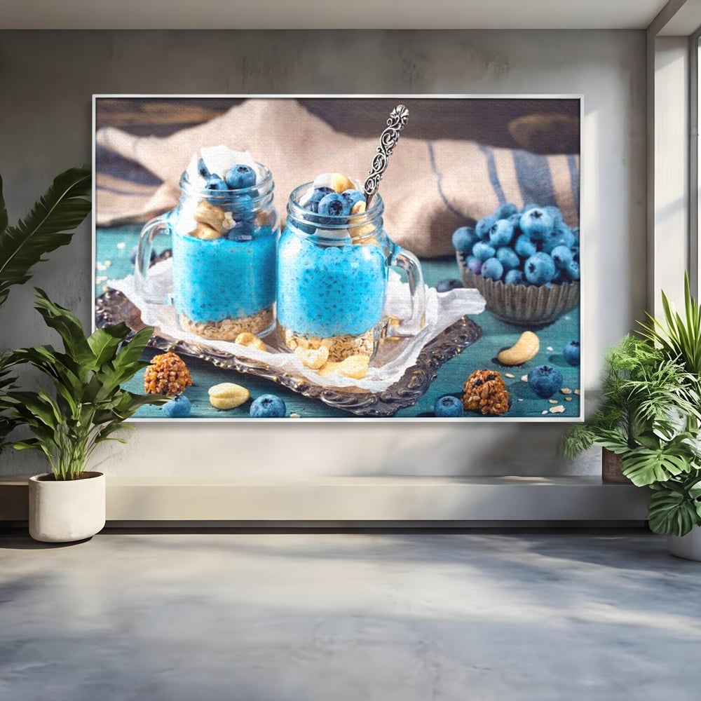 Leinwand Premium Canvas Wall Art, LuxCanva® N1089, Blue Harmony, Dessert, Heidelbeere, Blaubeere, Haselnuss, Erdnuss, Chia, süß, frisch, frisch, Genuss, gesund, Frühstück, Restaurant, Küche