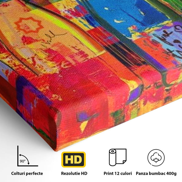 Leinwand Premium Canvas Wall Art, LuxCanva® N1090, Fermentierte Galerie, Flaschen, Wein, Graffiti, Getränk, Lebendige Farben, Abstrakt, Modern, Pop Art, Pub, Bar, Lounge, Restaurant, Küche