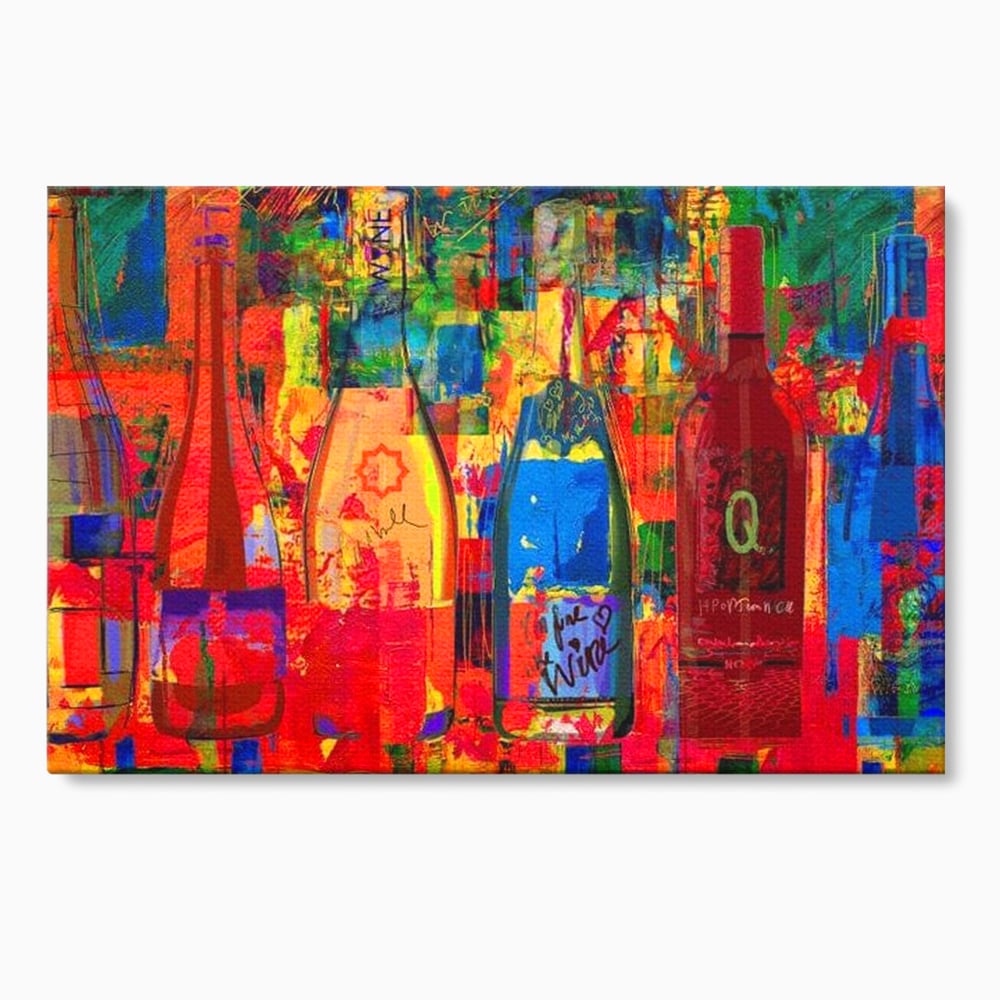 Leinwand Premium Canvas Wall Art, LuxCanva® N1090, Fermentierte Galerie, Flaschen, Wein, Graffiti, Getränk, Lebendige Farben, Abstrakt, Modern, Pop Art, Pub, Bar, Lounge, Restaurant, Küche