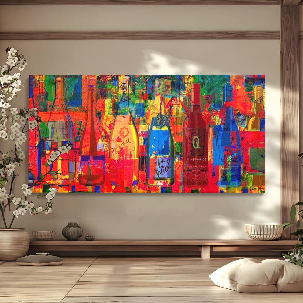 Leinwand Premium Canvas Wall Art, LuxCanva® N1090, Fermentierte Galerie, Flaschen, Wein, Graffiti, Getränk, Lebendige Farben, Abstrakt, Modern, Pop Art, Pub, Bar, Lounge, Restaurant, Küche