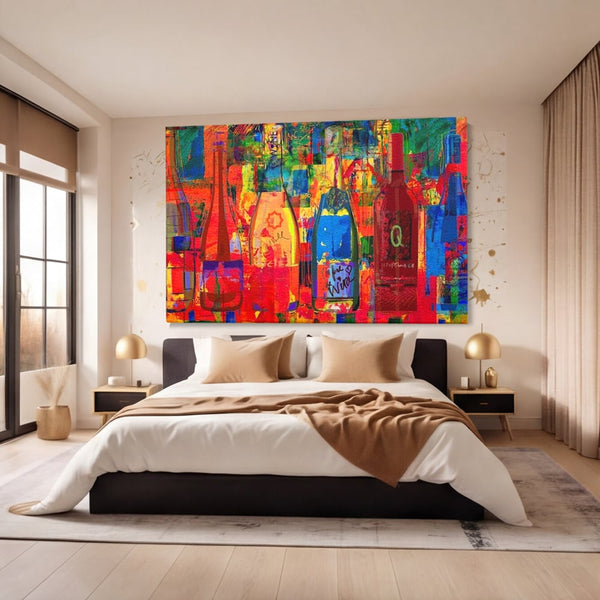 Leinwand Premium Canvas Wall Art, LuxCanva® N1090, Fermentierte Galerie, Flaschen, Wein, Graffiti, Getränk, Lebendige Farben, Abstrakt, Modern, Pop Art, Pub, Bar, Lounge, Restaurant, Küche