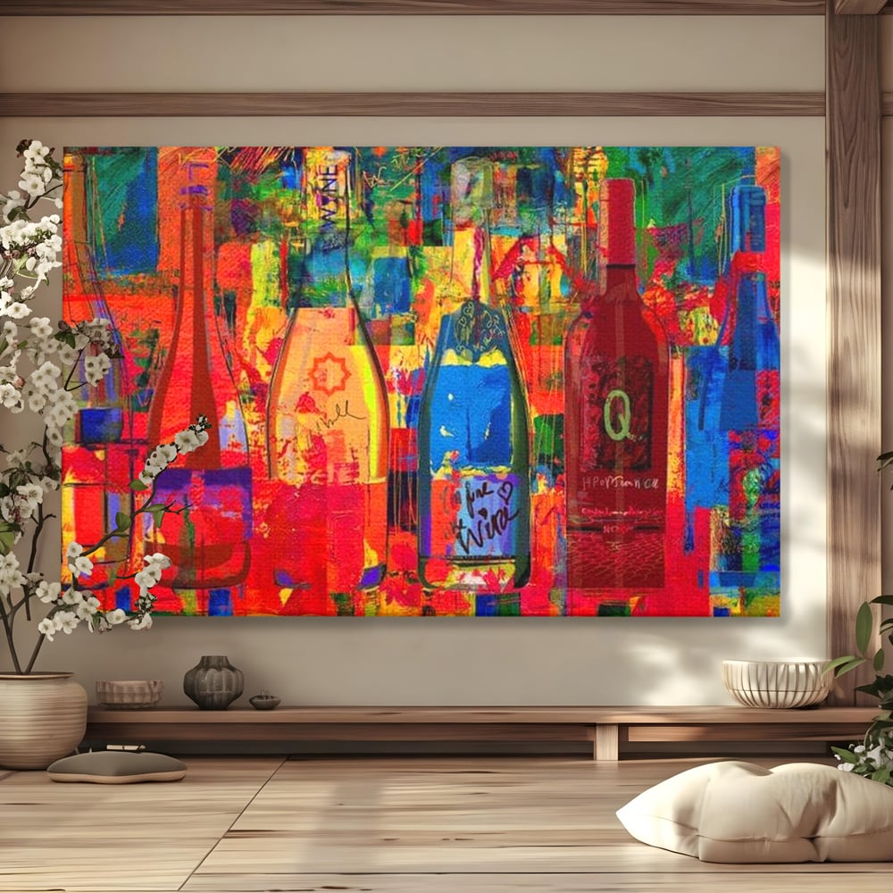 Leinwand Premium Canvas Wall Art, LuxCanva® N1090, Fermentierte Galerie, Flaschen, Wein, Graffiti, Getränk, Lebendige Farben, Abstrakt, Modern, Pop Art, Pub, Bar, Lounge, Restaurant, Küche