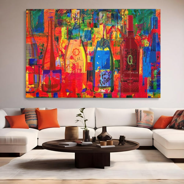 Leinwand Premium Canvas Wall Art, LuxCanva® N1090, Fermentierte Galerie, Flaschen, Wein, Graffiti, Getränk, Lebendige Farben, Abstrakt, Modern, Pop Art, Pub, Bar, Lounge, Restaurant, Küche