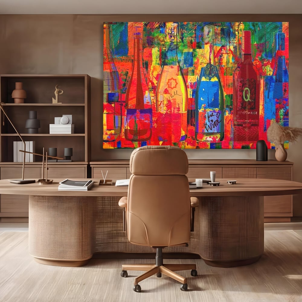 Leinwand Premium Canvas Wall Art, LuxCanva® N1090, Fermentierte Galerie, Flaschen, Wein, Graffiti, Getränk, Lebendige Farben, Abstrakt, Modern, Pop Art, Pub, Bar, Lounge, Restaurant, Küche