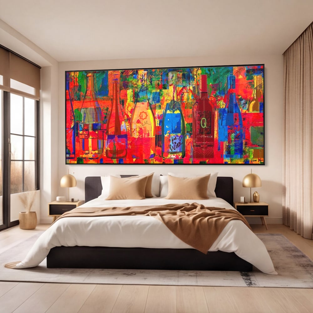Leinwand Premium Canvas Wall Art, LuxCanva® N1090, Fermentierte Galerie, Flaschen, Wein, Graffiti, Getränk, Lebendige Farben, Abstrakt, Modern, Pop Art, Pub, Bar, Lounge, Restaurant, Küche