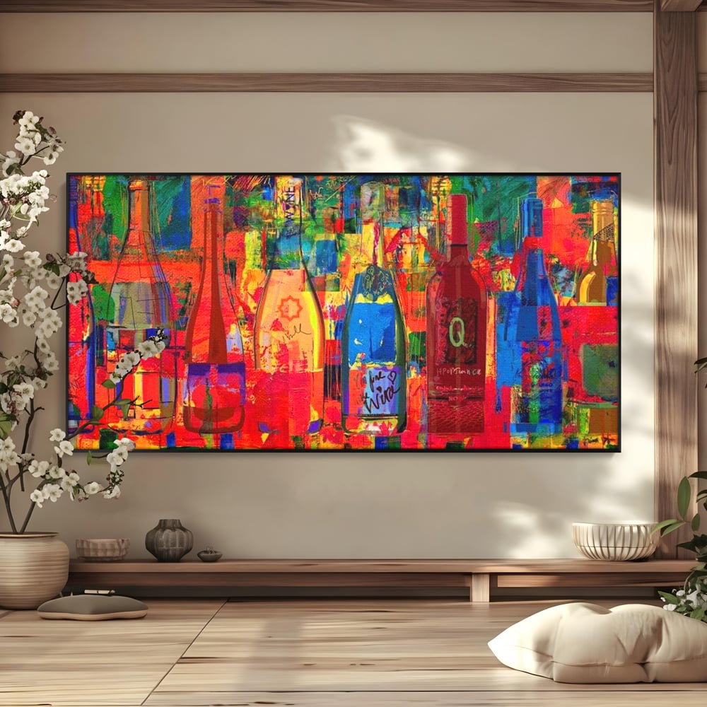 Leinwand Premium Canvas Wall Art, LuxCanva® N1090, Fermentierte Galerie, Flaschen, Wein, Graffiti, Getränk, Lebendige Farben, Abstrakt, Modern, Pop Art, Pub, Bar, Lounge, Restaurant, Küche