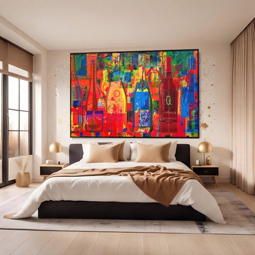 Leinwand Premium Canvas Wall Art, LuxCanva® N1090, Fermentierte Galerie, Flaschen, Wein, Graffiti, Getränk, Lebendige Farben, Abstrakt, Modern, Pop Art, Pub, Bar, Lounge, Restaurant, Küche