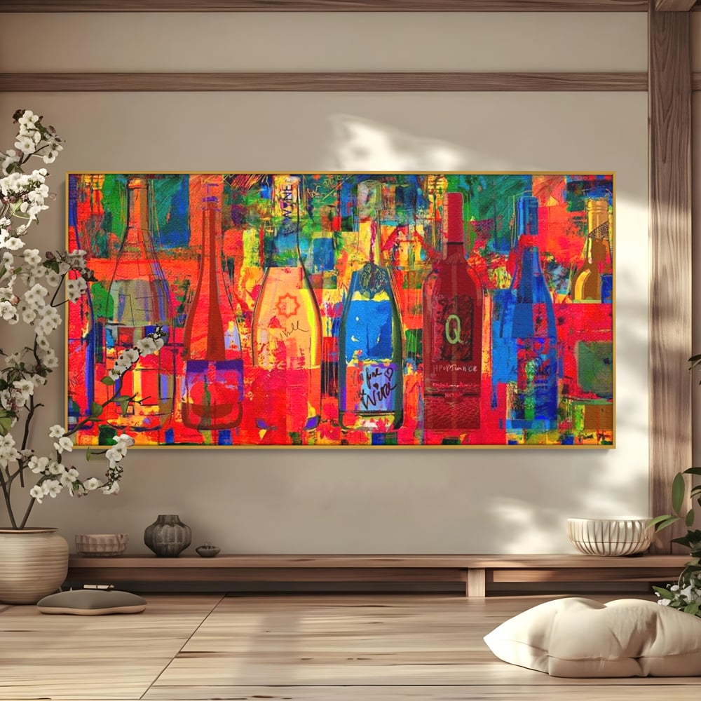 Leinwand Premium Canvas Wall Art, LuxCanva® N1090, Fermentierte Galerie, Flaschen, Wein, Graffiti, Getränk, Lebendige Farben, Abstrakt, Modern, Pop Art, Pub, Bar, Lounge, Restaurant, Küche