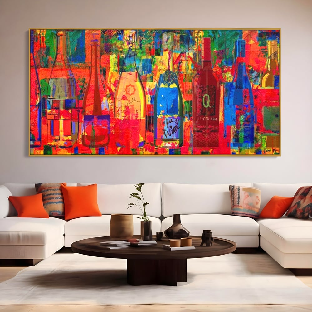 Leinwand Premium Canvas Wall Art, LuxCanva® N1090, Fermentierte Galerie, Flaschen, Wein, Graffiti, Getränk, Lebendige Farben, Abstrakt, Modern, Pop Art, Pub, Bar, Lounge, Restaurant, Küche