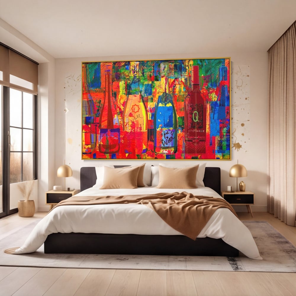 Leinwand Premium Canvas Wall Art, LuxCanva® N1090, Fermentierte Galerie, Flaschen, Wein, Graffiti, Getränk, Lebendige Farben, Abstrakt, Modern, Pop Art, Pub, Bar, Lounge, Restaurant, Küche