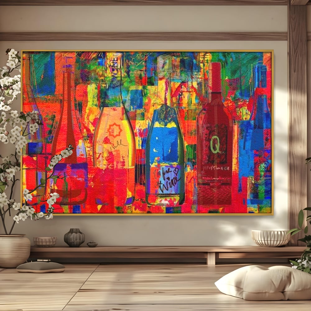 Leinwand Premium Canvas Wall Art, LuxCanva® N1090, Fermentierte Galerie, Flaschen, Wein, Graffiti, Getränk, Lebendige Farben, Abstrakt, Modern, Pop Art, Pub, Bar, Lounge, Restaurant, Küche