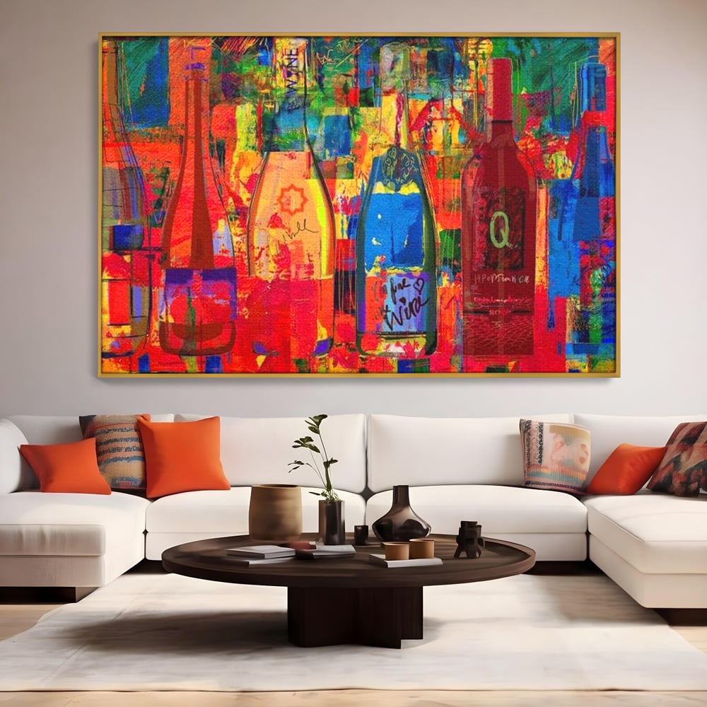 Leinwand Premium Canvas Wall Art, LuxCanva® N1090, Fermentierte Galerie, Flaschen, Wein, Graffiti, Getränk, Lebendige Farben, Abstrakt, Modern, Pop Art, Pub, Bar, Lounge, Restaurant, Küche