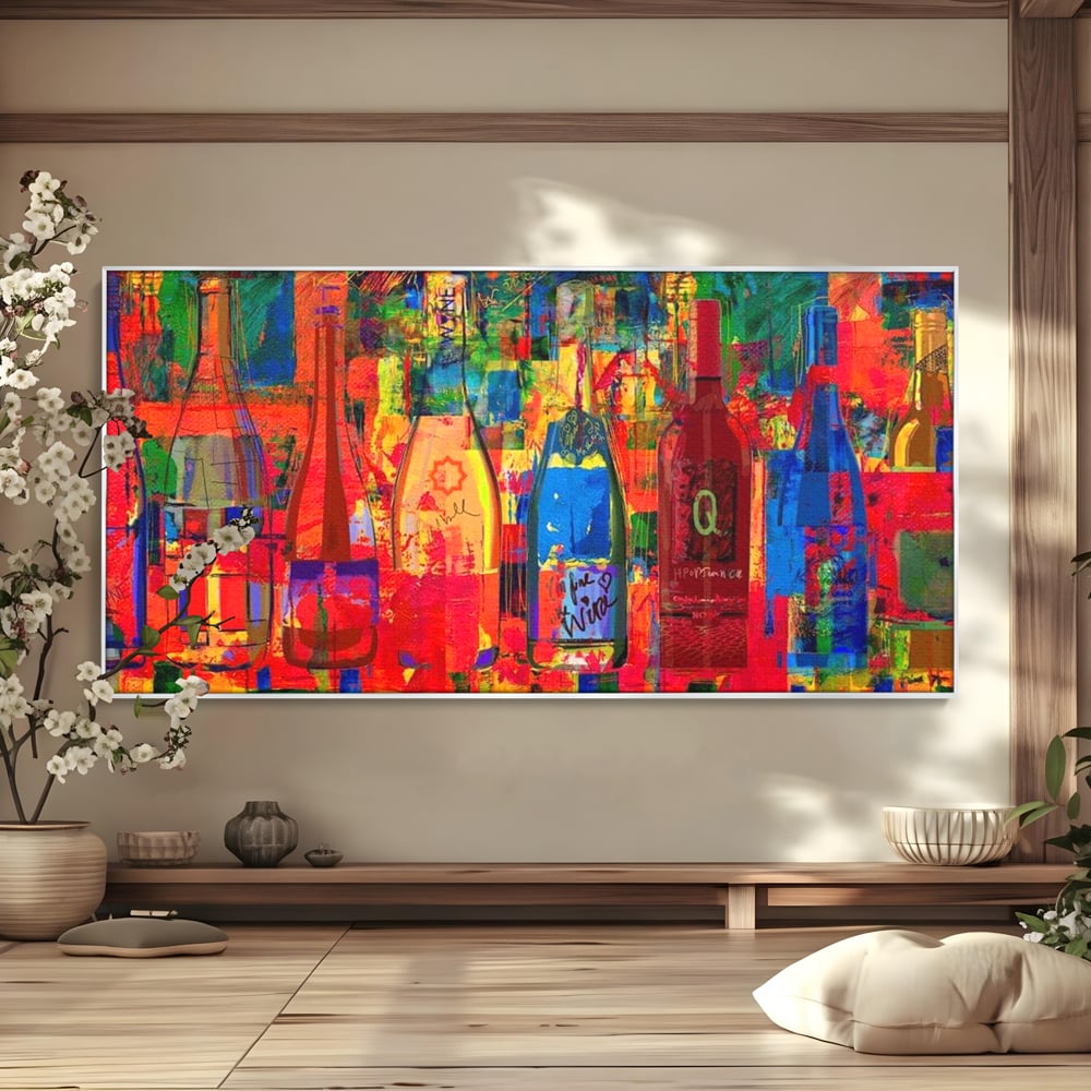 Leinwand Premium Canvas Wall Art, LuxCanva® N1090, Fermentierte Galerie, Flaschen, Wein, Graffiti, Getränk, Lebendige Farben, Abstrakt, Modern, Pop Art, Pub, Bar, Lounge, Restaurant, Küche