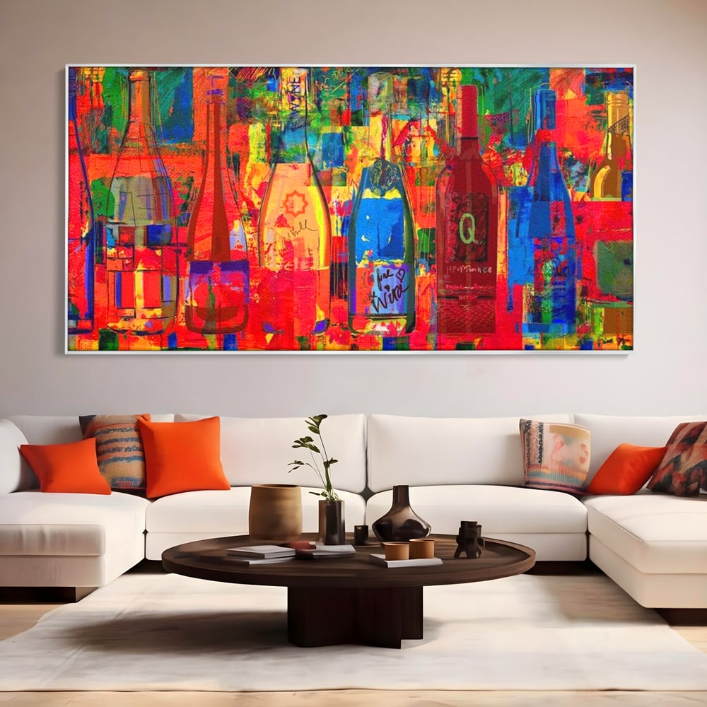 Leinwand Premium Canvas Wall Art, LuxCanva® N1090, Fermentierte Galerie, Flaschen, Wein, Graffiti, Getränk, Lebendige Farben, Abstrakt, Modern, Pop Art, Pub, Bar, Lounge, Restaurant, Küche
