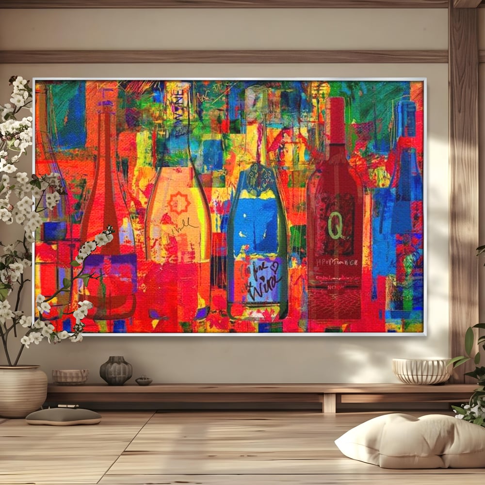 Leinwand Premium Canvas Wall Art, LuxCanva® N1090, Fermentierte Galerie, Flaschen, Wein, Graffiti, Getränk, Lebendige Farben, Abstrakt, Modern, Pop Art, Pub, Bar, Lounge, Restaurant, Küche