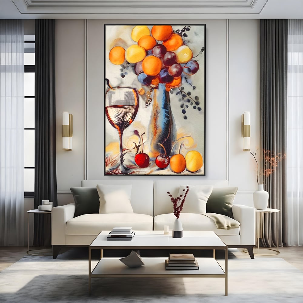 Leinwand Premium Canvas Wandkunst, LuxCanva® N1091, Reiche Ernte, Glas, Wein, Obst, Abstrakte Kunst, Natürlich, Herbst, Saison, Freizeit, Kneipe, Bar, Lounge, Restaurant, Küche