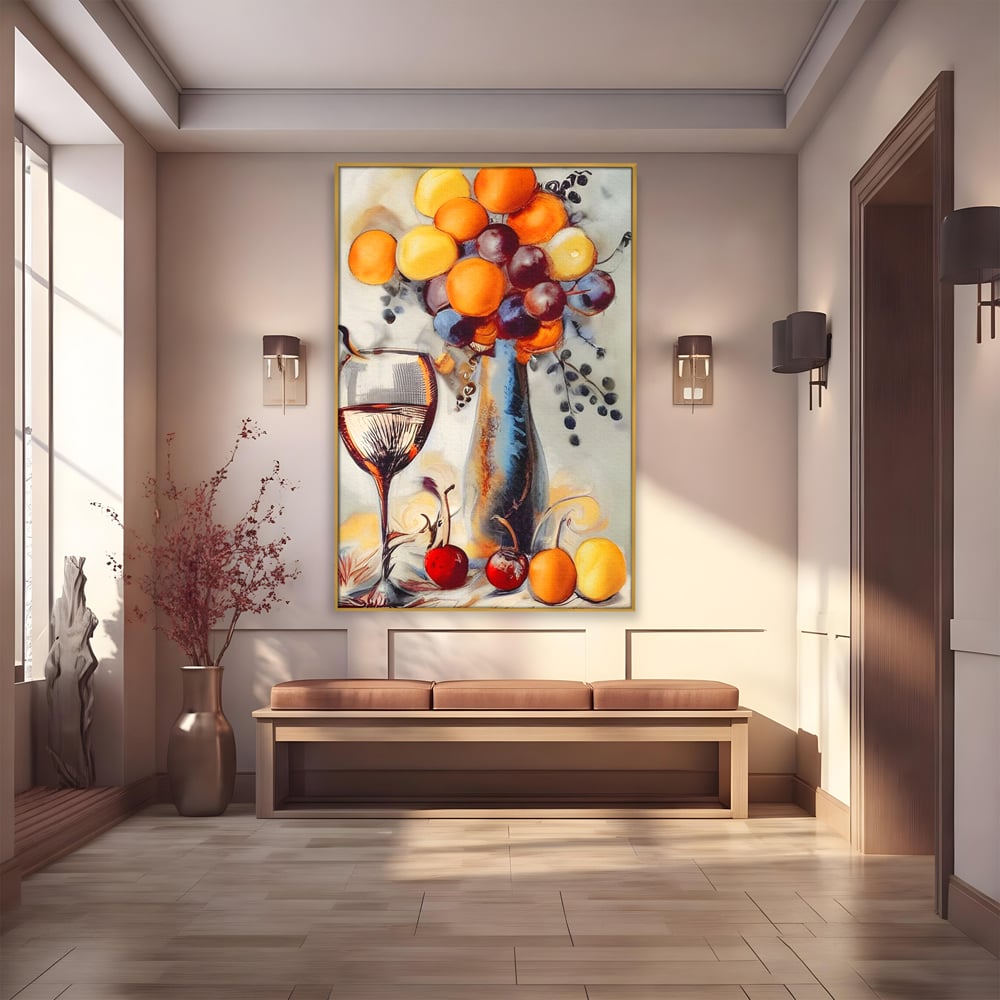 Leinwand Premium Canvas Wandkunst, LuxCanva® N1091, Reiche Ernte, Glas, Wein, Obst, Abstrakte Kunst, Natürlich, Herbst, Saison, Freizeit, Kneipe, Bar, Lounge, Restaurant, Küche