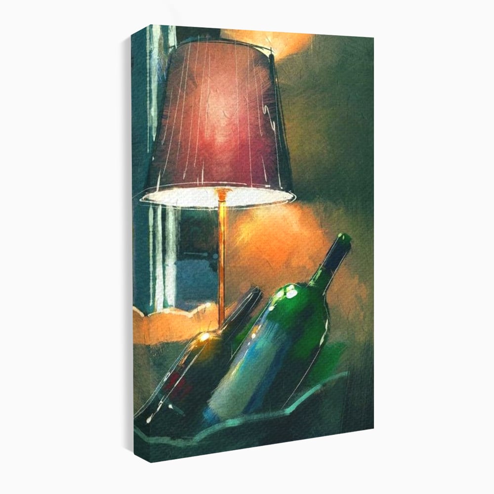 Tablou Canvas Premium, LuxCanva® N1094, Ganduri in Miez de Noapte, Sticle, Vin Rosu, Bautura, Lampa, Lumina, Cozy, Rasfat, Seara, Pub, Lounge, Bar, Restaurant, Bucatarie