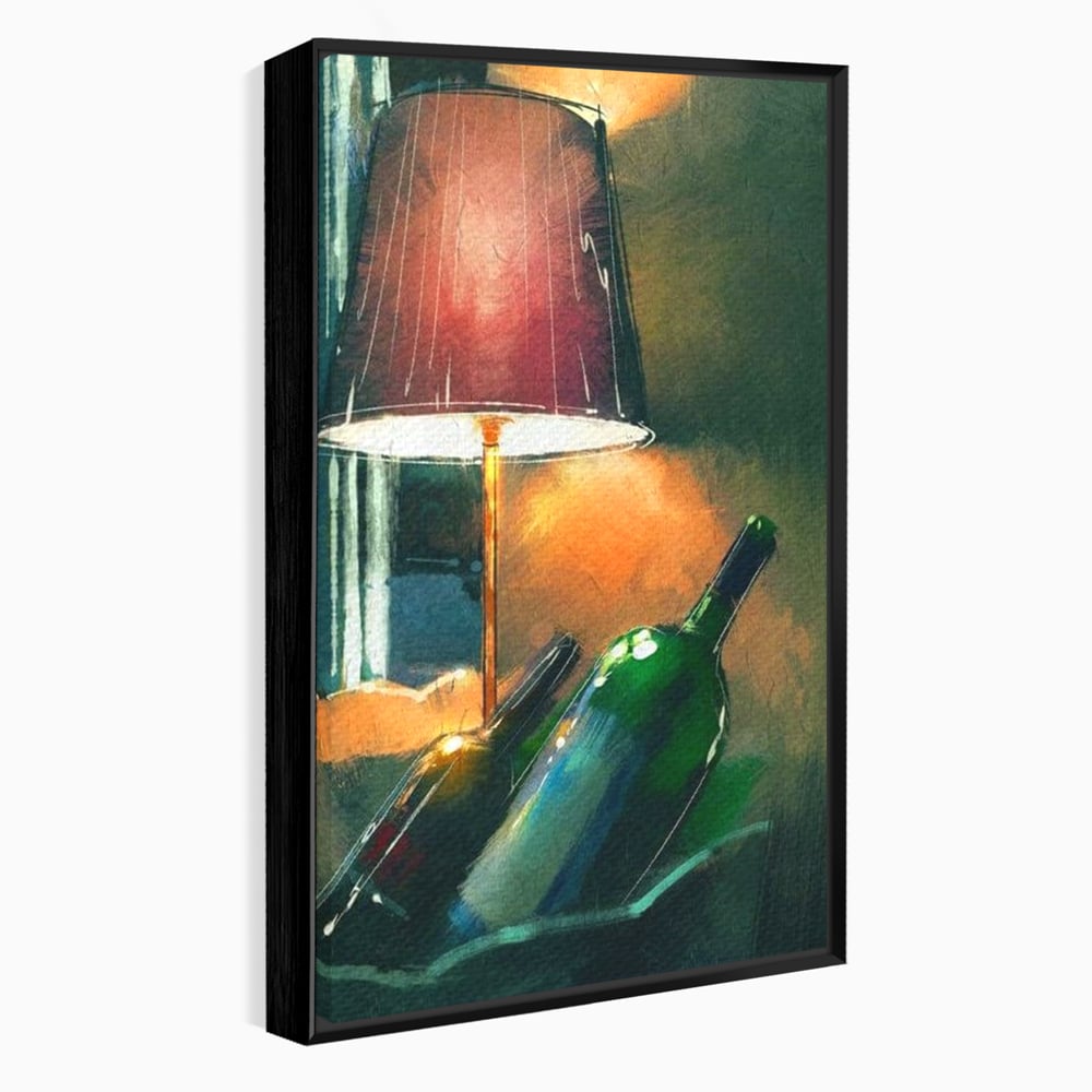 Tablou Canvas Premium, LuxCanva® N1094, Ganduri in Miez de Noapte, Sticle, Vin Rosu, Bautura, Lampa, Lumina, Cozy, Rasfat, Seara, Pub, Lounge, Bar, Restaurant, Bucatarie
