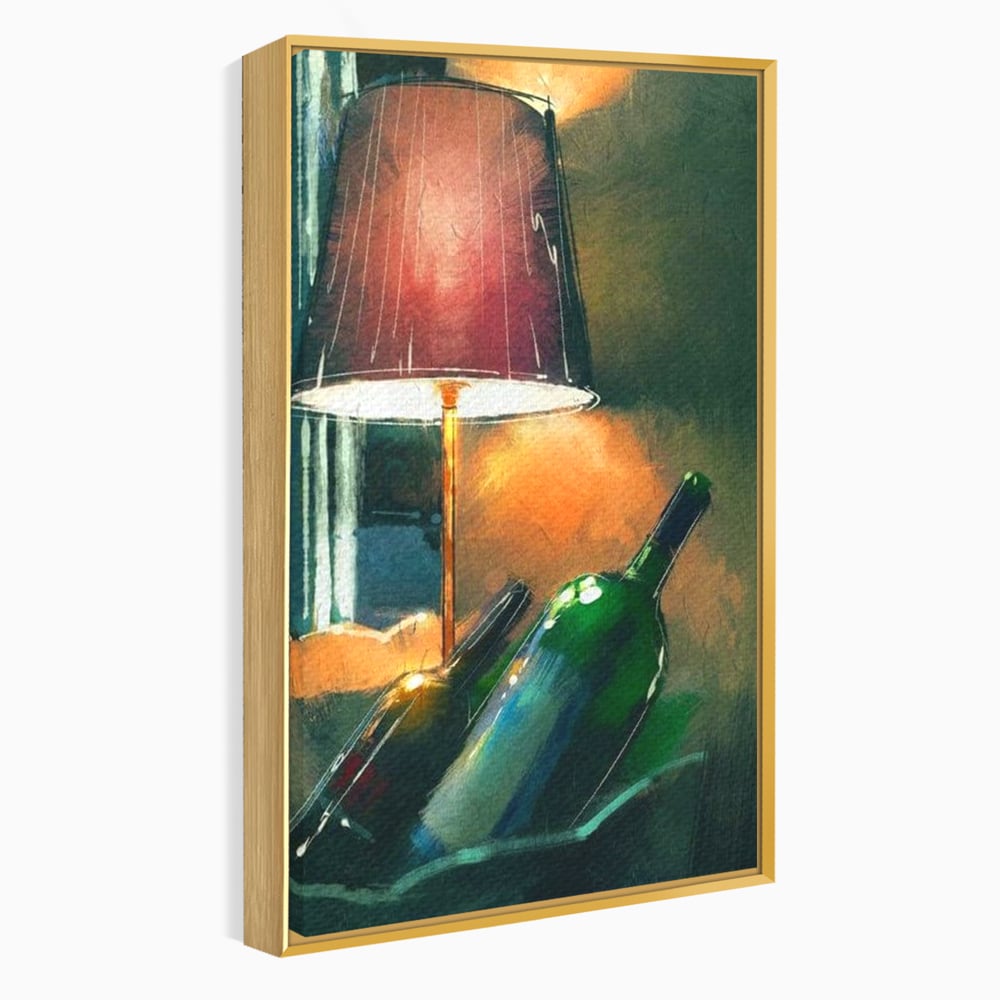 Tablou Canvas Premium, LuxCanva® N1094, Ganduri in Miez de Noapte, Sticle, Vin Rosu, Bautura, Lampa, Lumina, Cozy, Rasfat, Seara, Pub, Lounge, Bar, Restaurant, Bucatarie