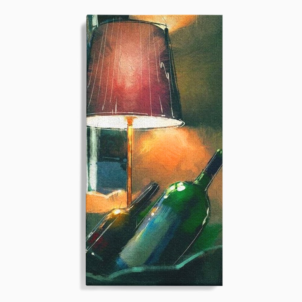 Tablou Canvas Premium, LuxCanva® N1094, Ganduri in Miez de Noapte, Sticle, Vin Rosu, Bautura, Lampa, Lumina, Cozy, Rasfat, Seara, Pub, Lounge, Bar, Restaurant, Bucatarie
