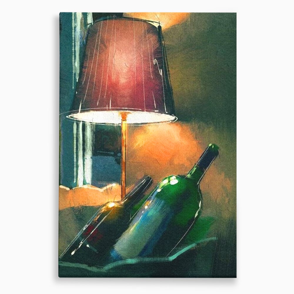 Tablou Canvas Premium, LuxCanva® N1094, Ganduri in Miez de Noapte, Sticle, Vin Rosu, Bautura, Lampa, Lumina, Cozy, Rasfat, Seara, Pub, Lounge, Bar, Restaurant, Bucatarie