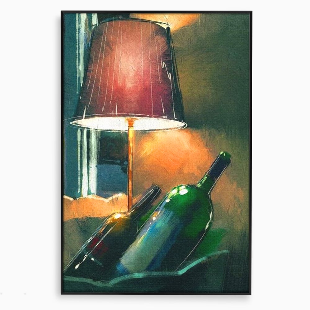 Tablou Canvas Premium, LuxCanva® N1094, Ganduri in Miez de Noapte, Sticle, Vin Rosu, Bautura, Lampa, Lumina, Cozy, Rasfat, Seara, Pub, Lounge, Bar, Restaurant, Bucatarie