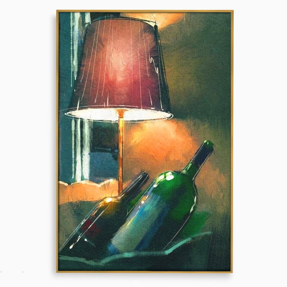 Tablou Canvas Premium, LuxCanva® N1094, Ganduri in Miez de Noapte, Sticle, Vin Rosu, Bautura, Lampa, Lumina, Cozy, Rasfat, Seara, Pub, Lounge, Bar, Restaurant, Bucatarie