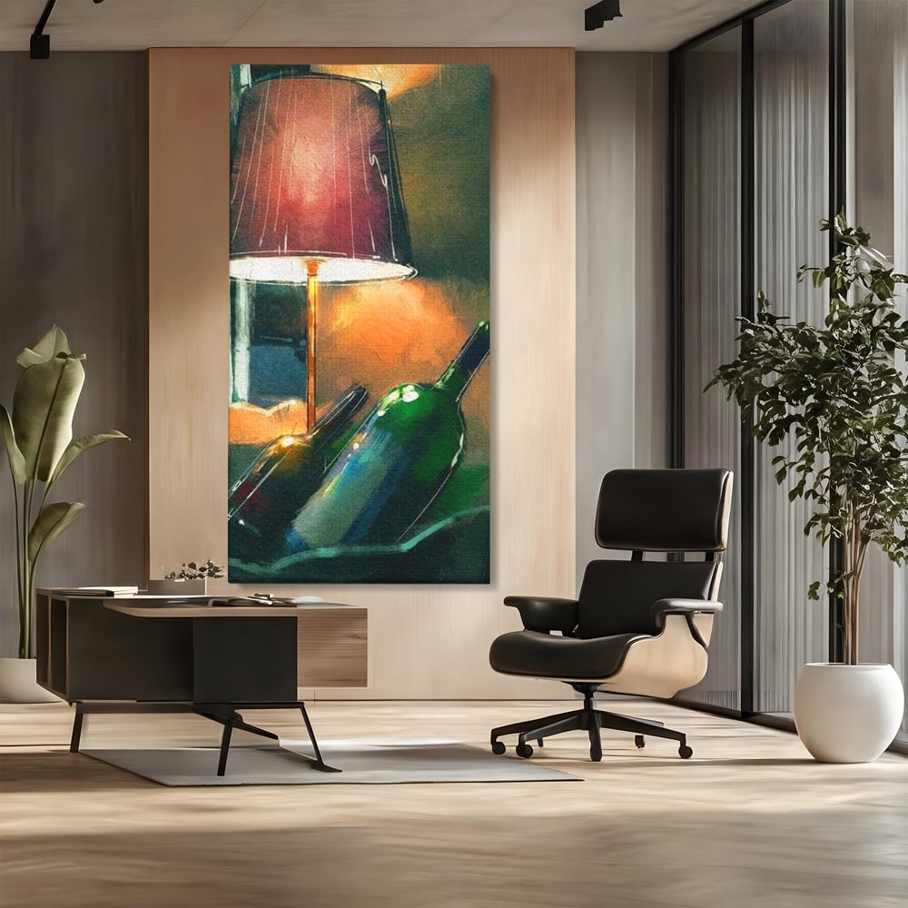 Tablou Canvas Premium, LuxCanva® N1094, Ganduri in Miez de Noapte, Sticle, Vin Rosu, Bautura, Lampa, Lumina, Cozy, Rasfat, Seara, Pub, Lounge, Bar, Restaurant, Bucatarie