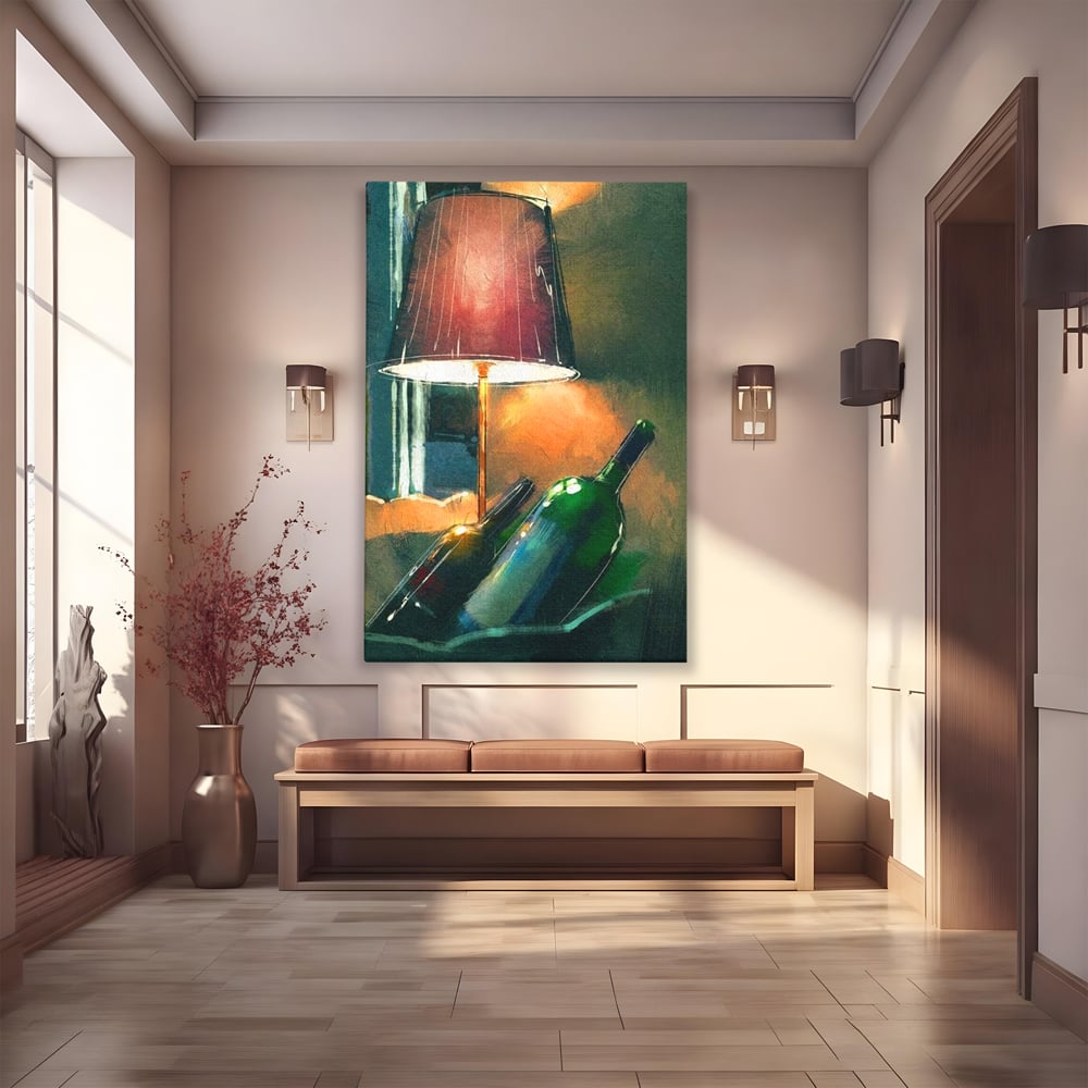 Tablou Canvas Premium, LuxCanva® N1094, Ganduri in Miez de Noapte, Sticle, Vin Rosu, Bautura, Lampa, Lumina, Cozy, Rasfat, Seara, Pub, Lounge, Bar, Restaurant, Bucatarie