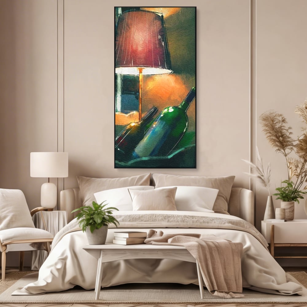Tablou Canvas Premium, LuxCanva® N1094, Ganduri in Miez de Noapte, Sticle, Vin Rosu, Bautura, Lampa, Lumina, Cozy, Rasfat, Seara, Pub, Lounge, Bar, Restaurant, Bucatarie