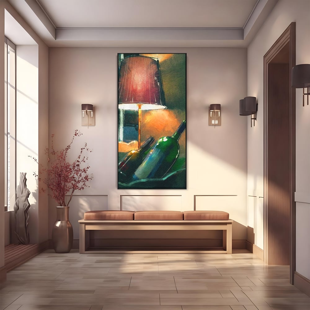 Tablou Canvas Premium, LuxCanva® N1094, Ganduri in Miez de Noapte, Sticle, Vin Rosu, Bautura, Lampa, Lumina, Cozy, Rasfat, Seara, Pub, Lounge, Bar, Restaurant, Bucatarie