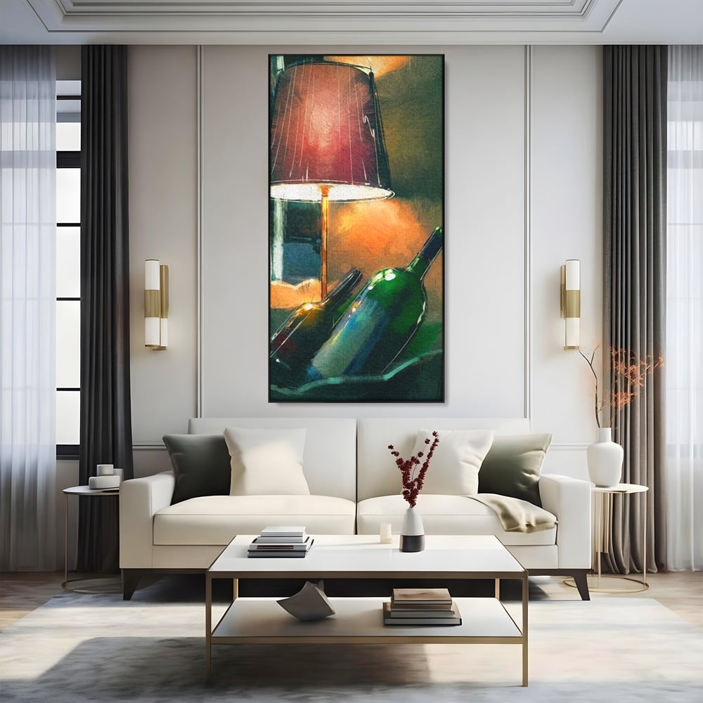 Tablou Canvas Premium, LuxCanva® N1094, Ganduri in Miez de Noapte, Sticle, Vin Rosu, Bautura, Lampa, Lumina, Cozy, Rasfat, Seara, Pub, Lounge, Bar, Restaurant, Bucatarie