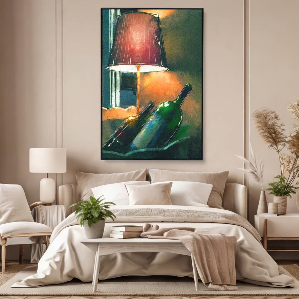 Tablou Canvas Premium, LuxCanva® N1094, Ganduri in Miez de Noapte, Sticle, Vin Rosu, Bautura, Lampa, Lumina, Cozy, Rasfat, Seara, Pub, Lounge, Bar, Restaurant, Bucatarie