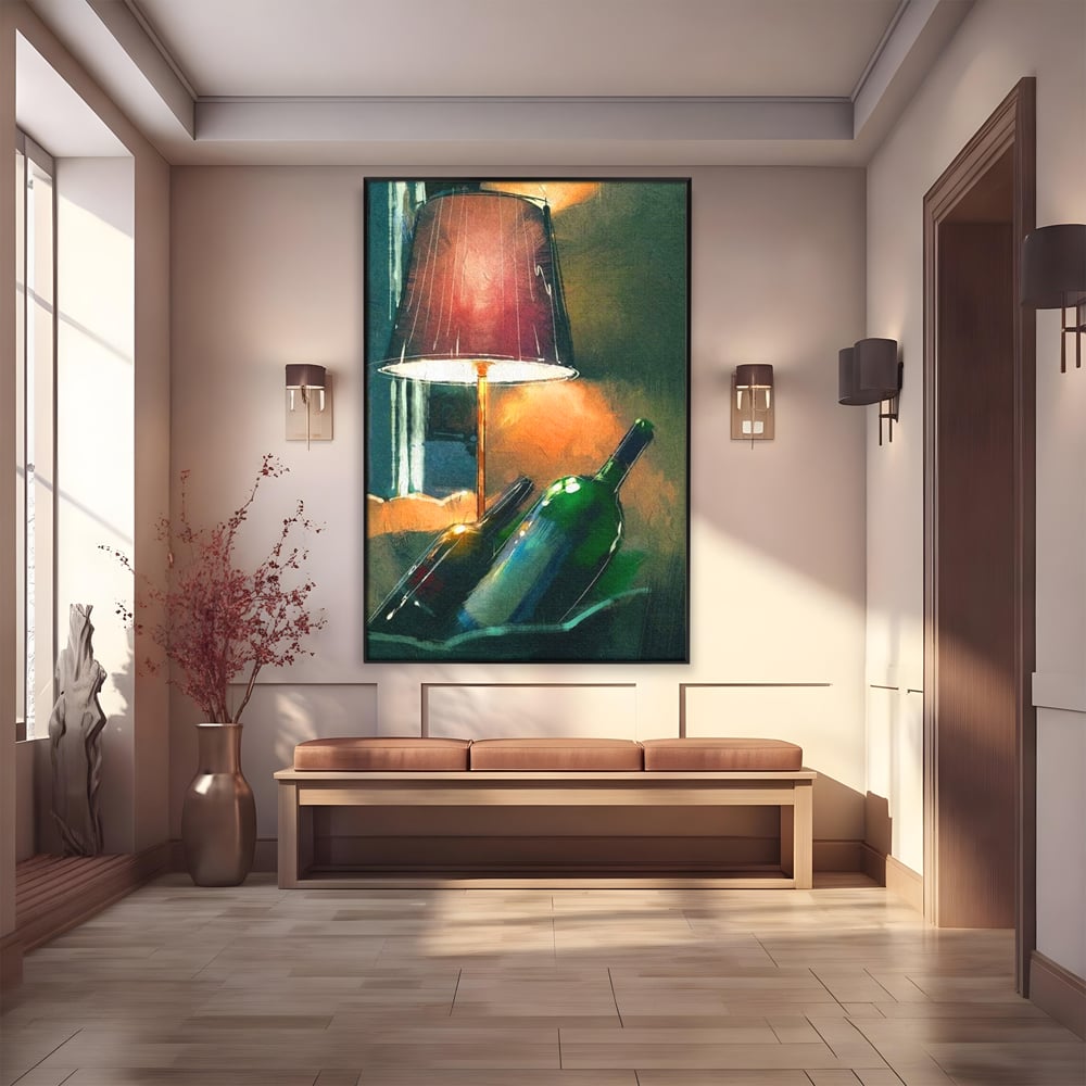 Tablou Canvas Premium, LuxCanva® N1094, Ganduri in Miez de Noapte, Sticle, Vin Rosu, Bautura, Lampa, Lumina, Cozy, Rasfat, Seara, Pub, Lounge, Bar, Restaurant, Bucatarie