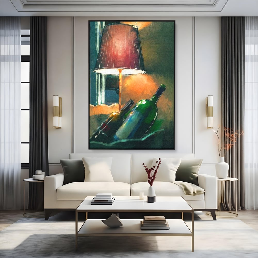 Tablou Canvas Premium, LuxCanva® N1094, Ganduri in Miez de Noapte, Sticle, Vin Rosu, Bautura, Lampa, Lumina, Cozy, Rasfat, Seara, Pub, Lounge, Bar, Restaurant, Bucatarie