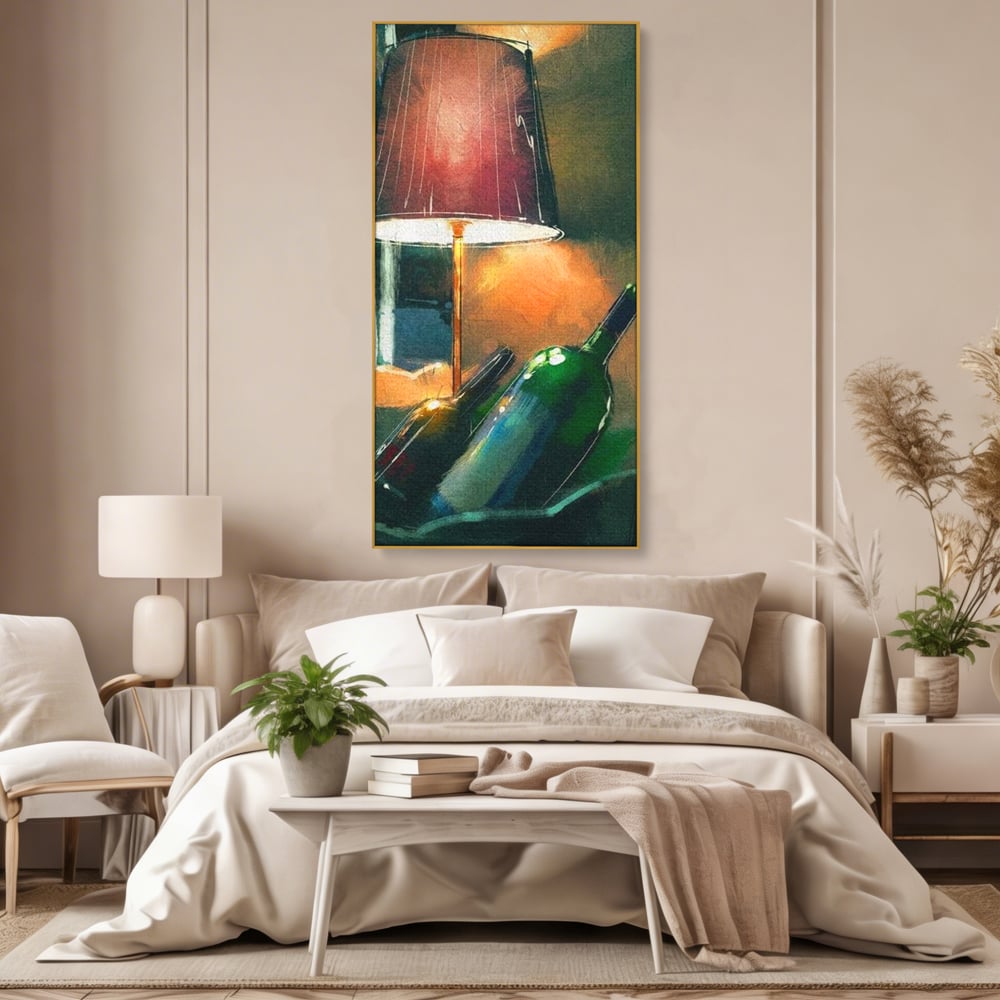 Tablou Canvas Premium, LuxCanva® N1094, Ganduri in Miez de Noapte, Sticle, Vin Rosu, Bautura, Lampa, Lumina, Cozy, Rasfat, Seara, Pub, Lounge, Bar, Restaurant, Bucatarie