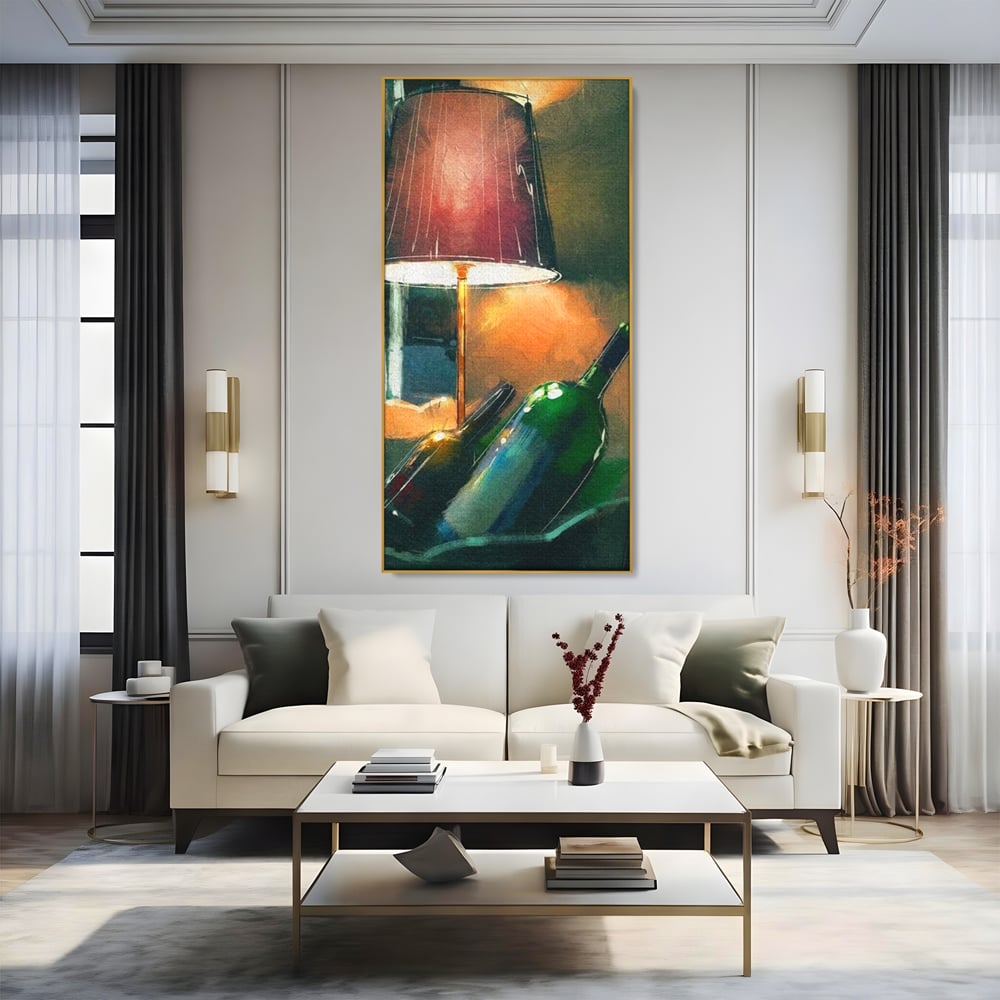 Tablou Canvas Premium, LuxCanva® N1094, Ganduri in Miez de Noapte, Sticle, Vin Rosu, Bautura, Lampa, Lumina, Cozy, Rasfat, Seara, Pub, Lounge, Bar, Restaurant, Bucatarie