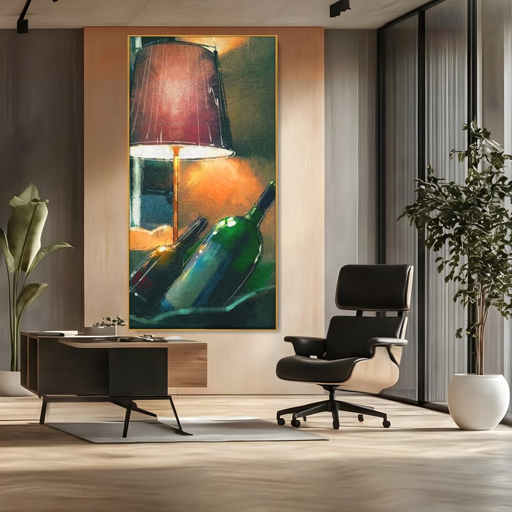 Tablou Canvas Premium, LuxCanva® N1094, Ganduri in Miez de Noapte, Sticle, Vin Rosu, Bautura, Lampa, Lumina, Cozy, Rasfat, Seara, Pub, Lounge, Bar, Restaurant, Bucatarie