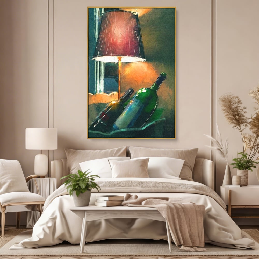 Tablou Canvas Premium, LuxCanva® N1094, Ganduri in Miez de Noapte, Sticle, Vin Rosu, Bautura, Lampa, Lumina, Cozy, Rasfat, Seara, Pub, Lounge, Bar, Restaurant, Bucatarie