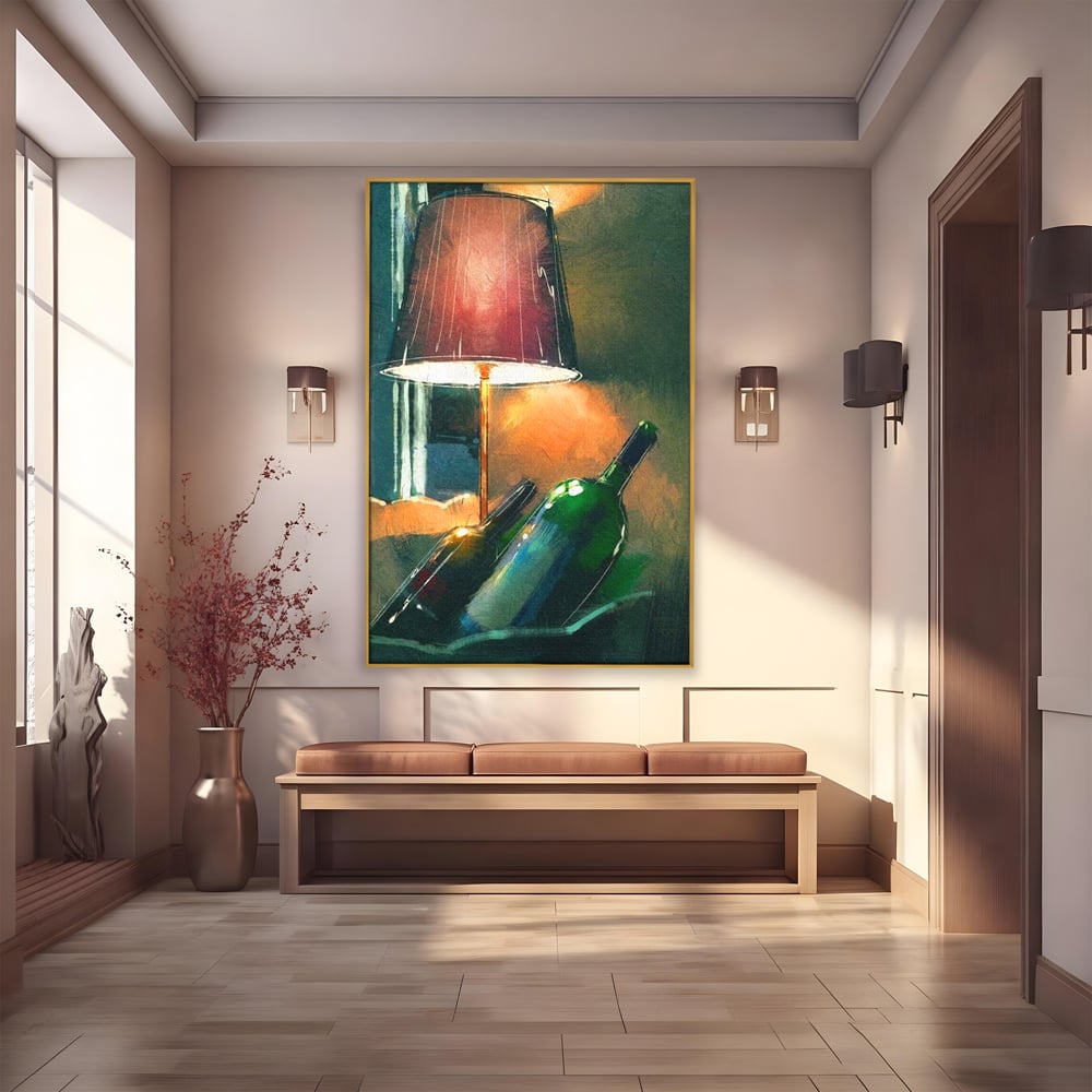 Tablou Canvas Premium, LuxCanva® N1094, Ganduri in Miez de Noapte, Sticle, Vin Rosu, Bautura, Lampa, Lumina, Cozy, Rasfat, Seara, Pub, Lounge, Bar, Restaurant, Bucatarie