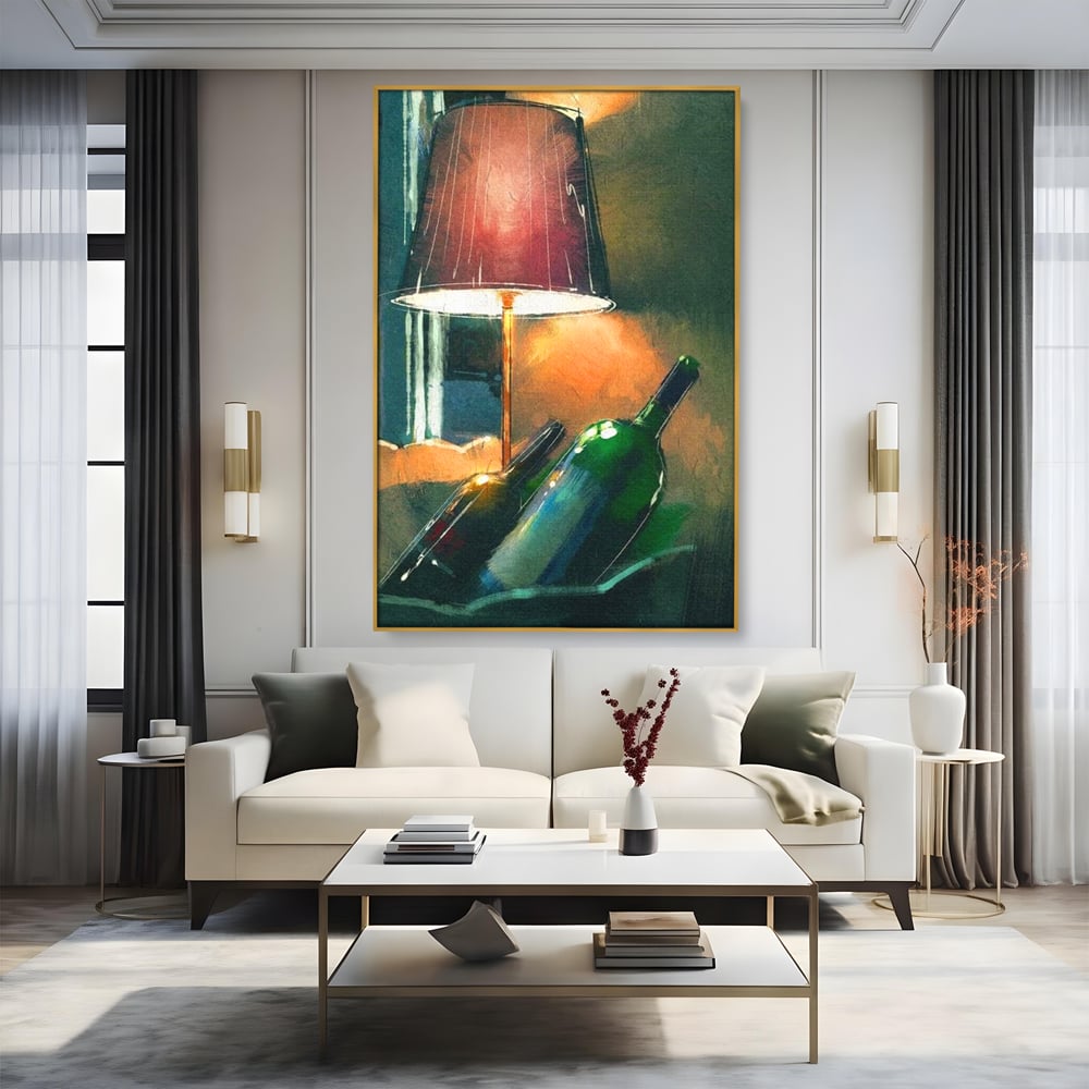 Tablou Canvas Premium, LuxCanva® N1094, Ganduri in Miez de Noapte, Sticle, Vin Rosu, Bautura, Lampa, Lumina, Cozy, Rasfat, Seara, Pub, Lounge, Bar, Restaurant, Bucatarie