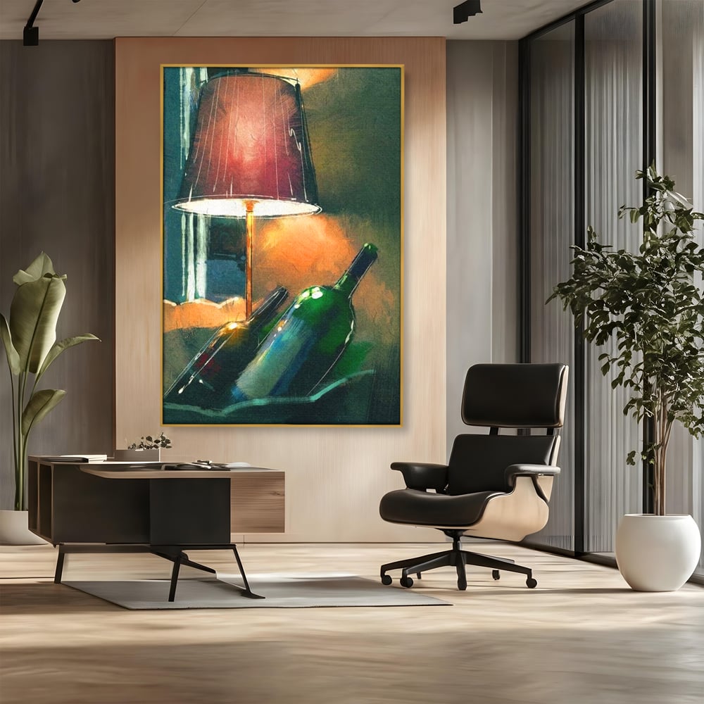 Tablou Canvas Premium, LuxCanva® N1094, Ganduri in Miez de Noapte, Sticle, Vin Rosu, Bautura, Lampa, Lumina, Cozy, Rasfat, Seara, Pub, Lounge, Bar, Restaurant, Bucatarie